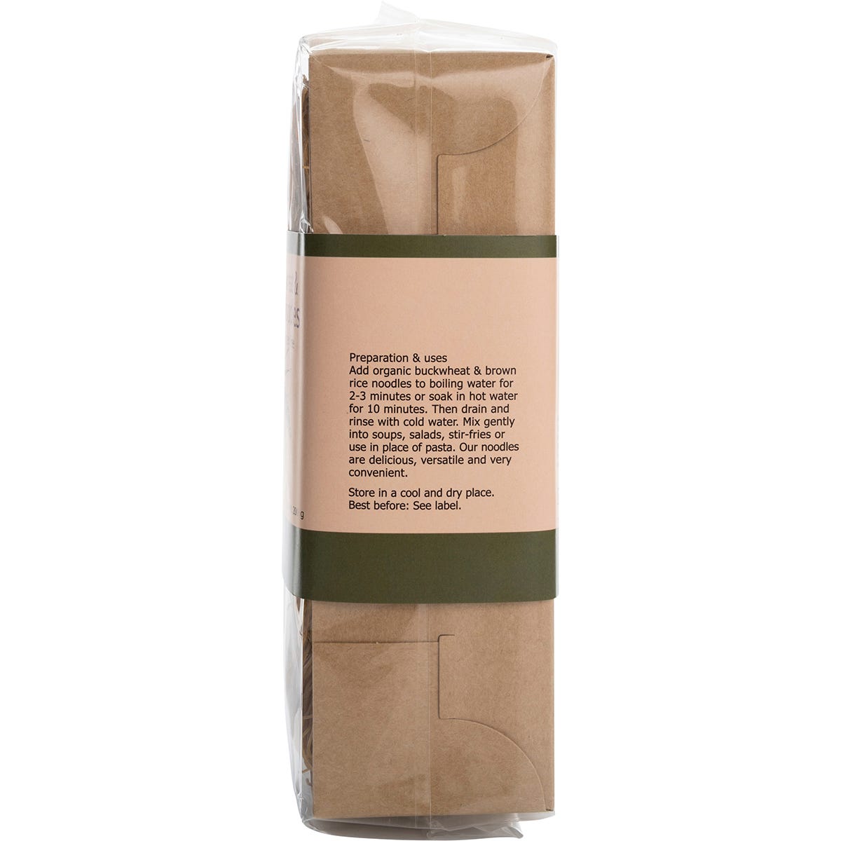 Side view of a 200g pack of Nutritionist Choice Buckwheat & Brown Rice Noodles highlighting product benefits.