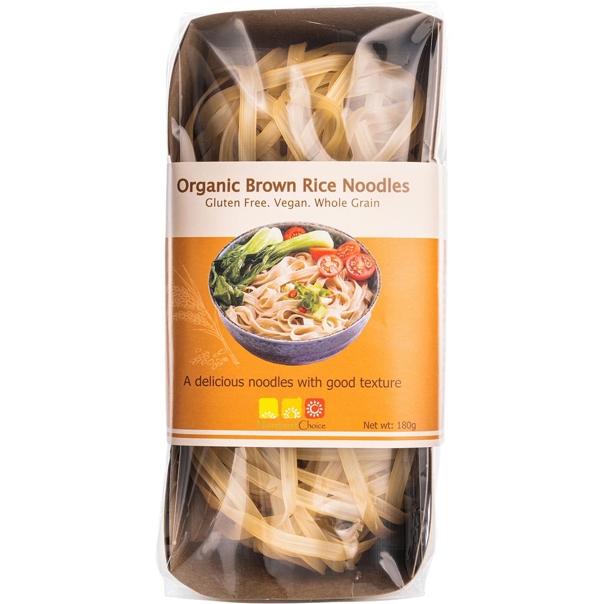 Nutritionist Choice Organic Brown Rice Noodles 180g pack on a white background.