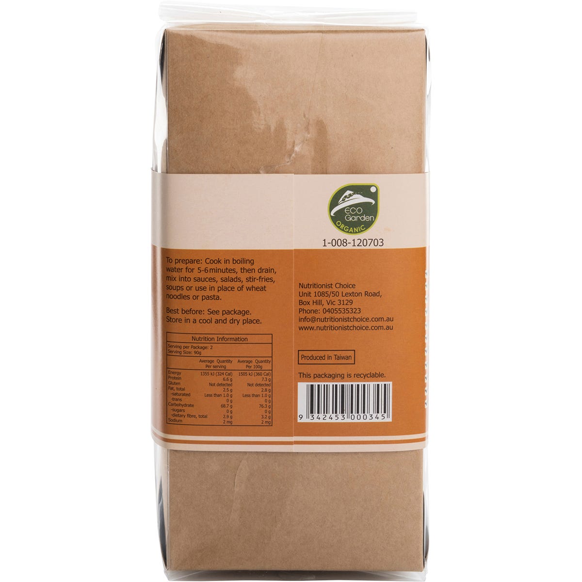 Nutritionist Choice Organic Brown Rice Noodles 180g pack on a white background.