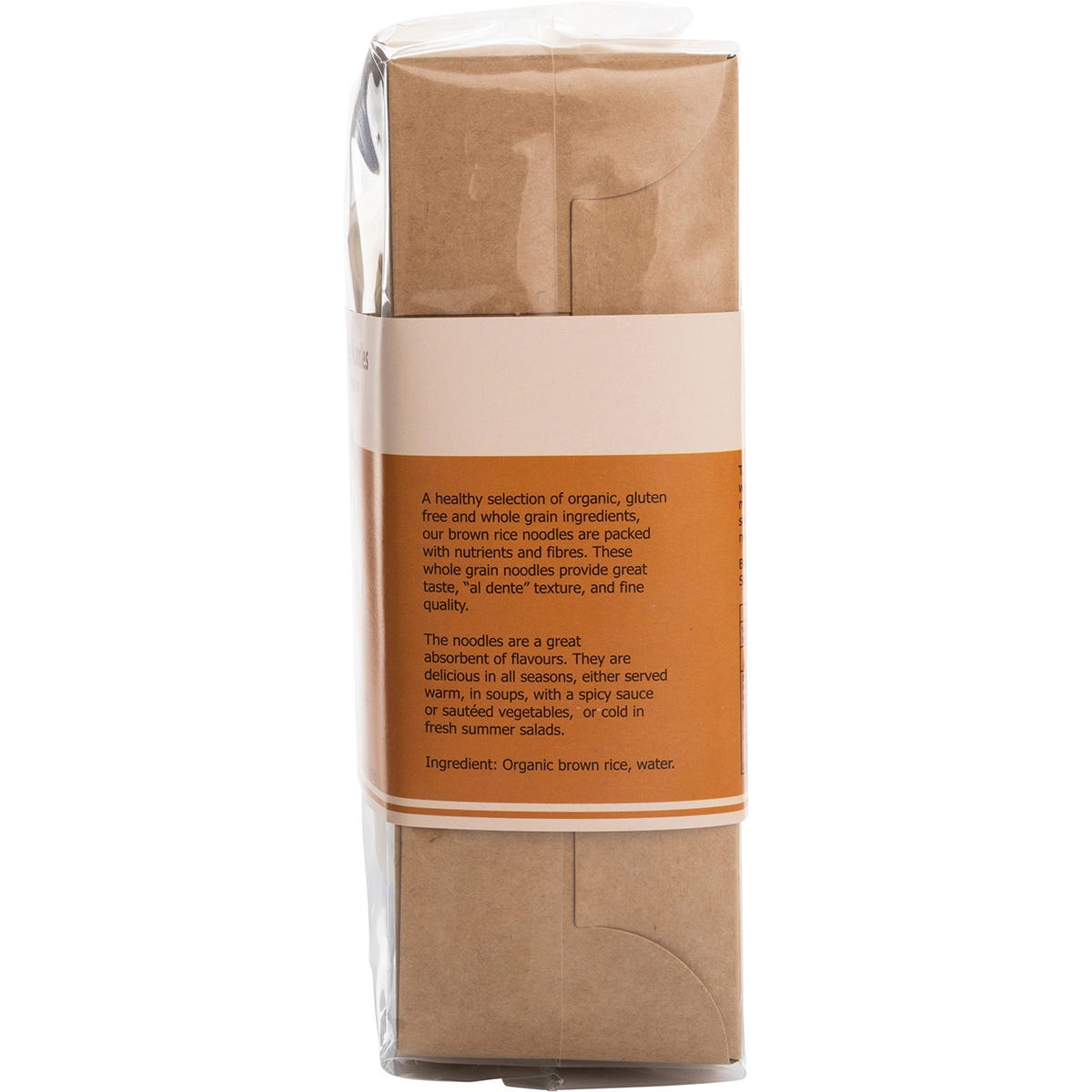 Back of Nutritionist Choice Organic Brown Rice Noodles 180g pack showing nutrition facts and ingredients list.