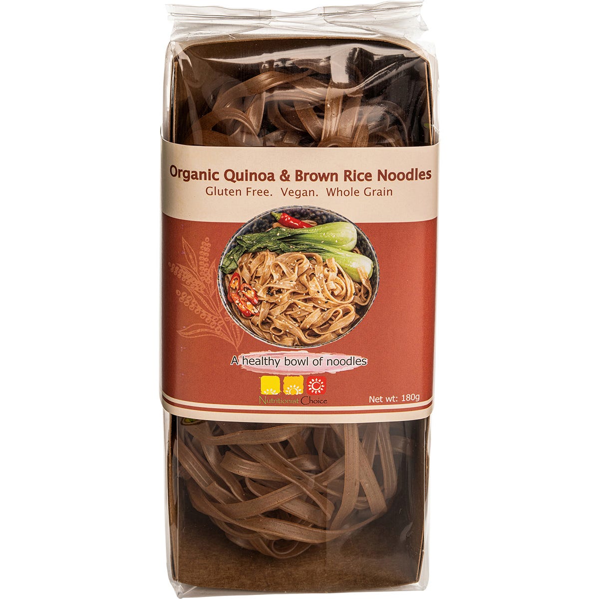 180g pack of Nutritionist Choice Organic Quinoa & Brown Rice Noodles with a yellow and green label on white background.
