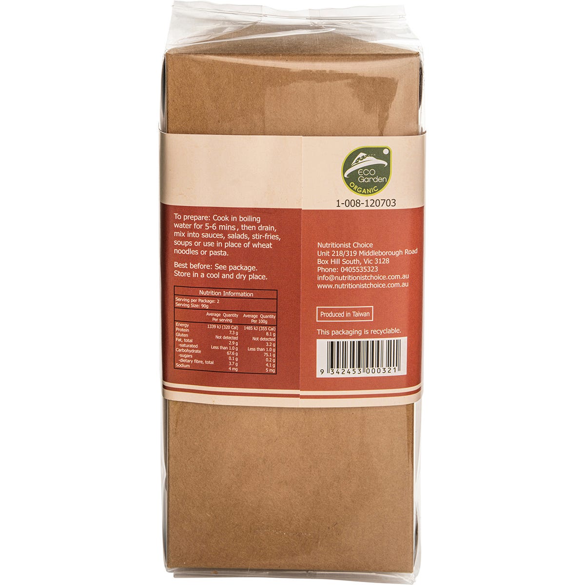 Pack of Nutritionist Choice organic quinoa and brown rice noodles with a yellow and green label on a white background.