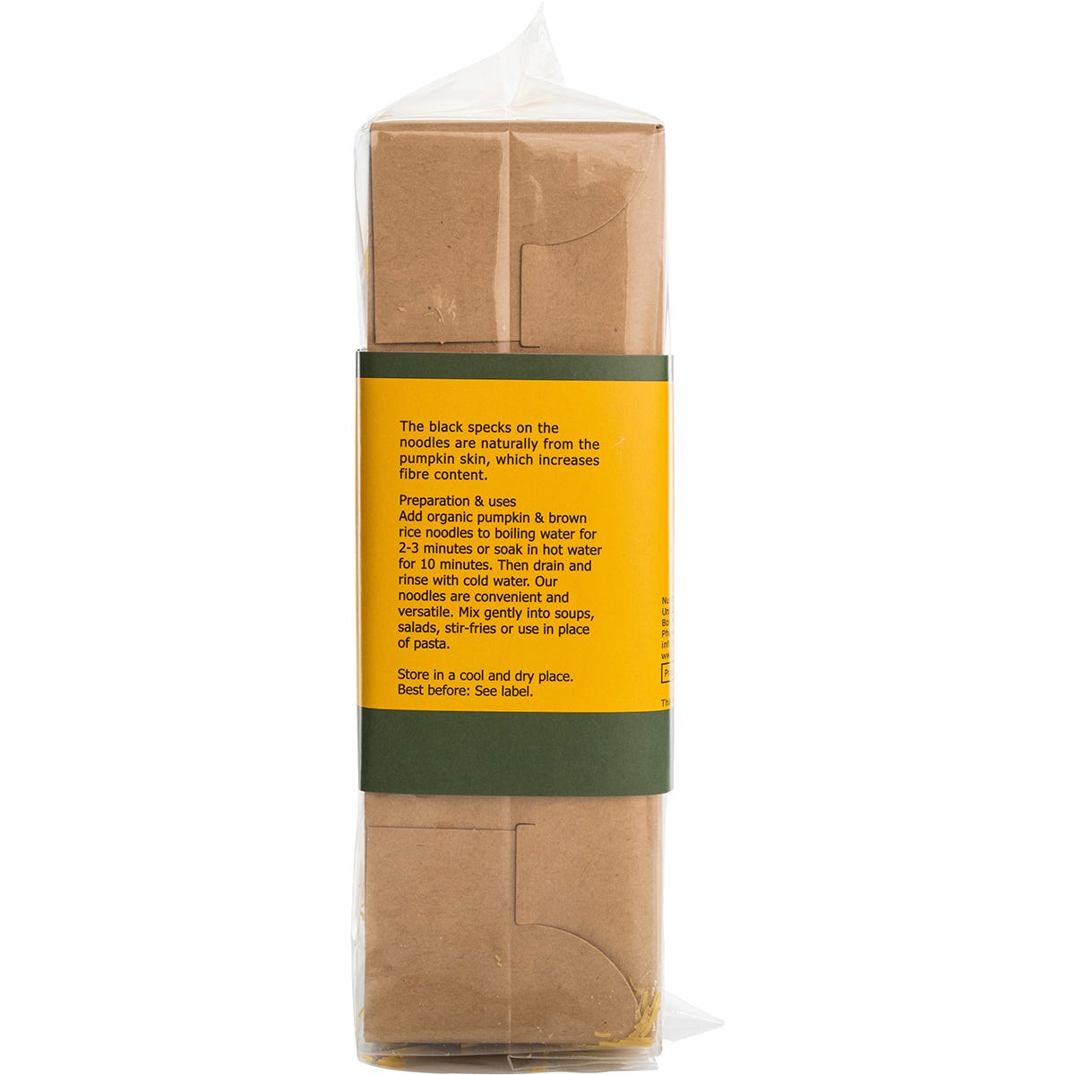 Back of Nutritionist Choice Pumpkin & Brown Rice Noodles pack with nutrition facts and ingredients on a white background.
