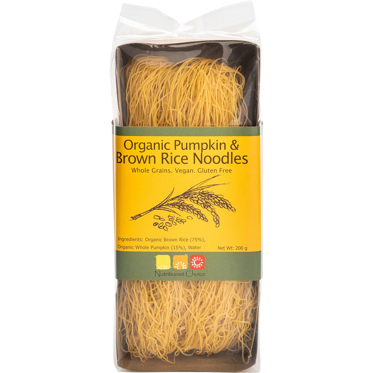 200g pack of Nutritionist Choice Organic Pumpkin and Brown Rice Noodles with a transparent window showing orange noodles.