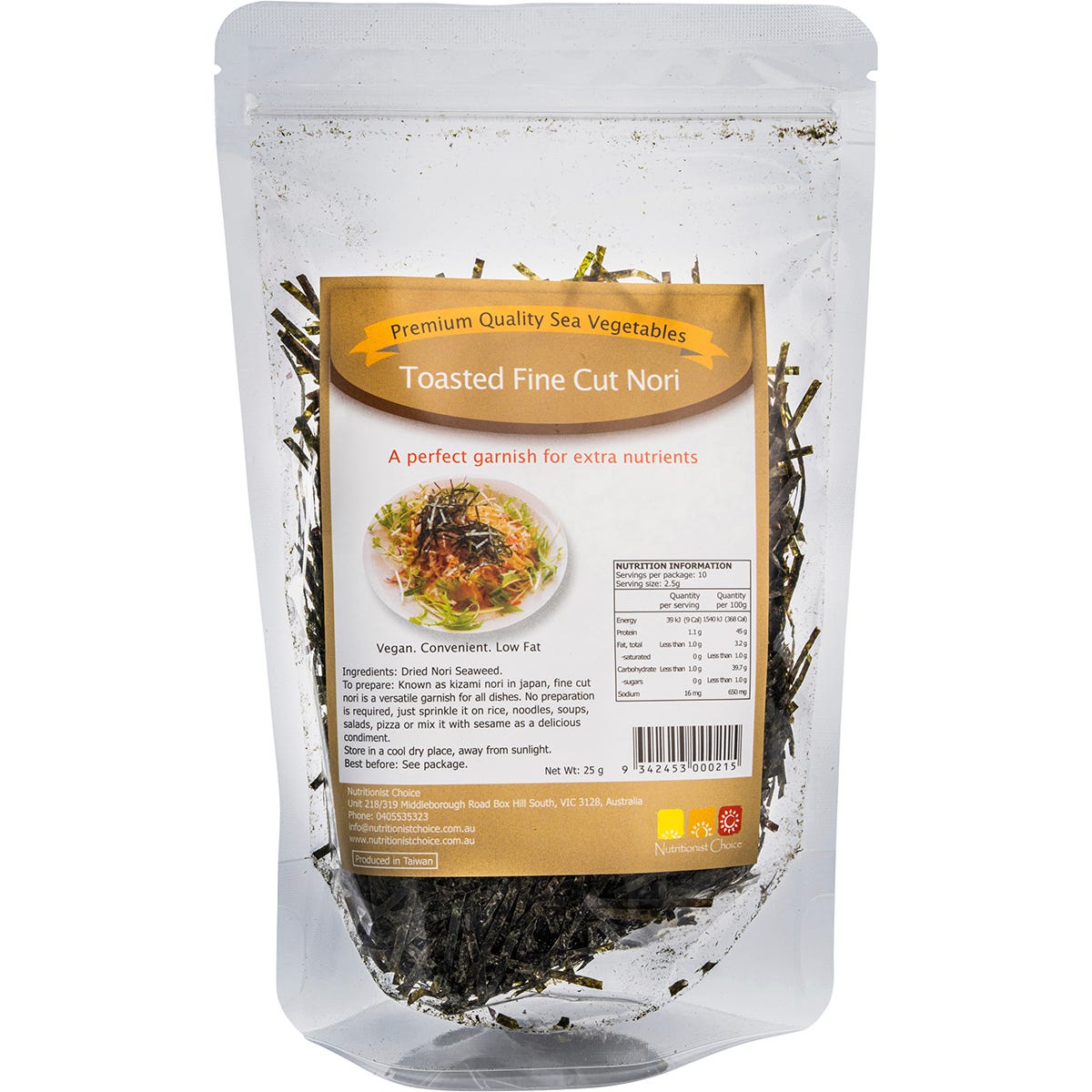 25g bag of Nutritionist Choice toasted fine cut nori seaweed with a green and white label and a clear viewing window.