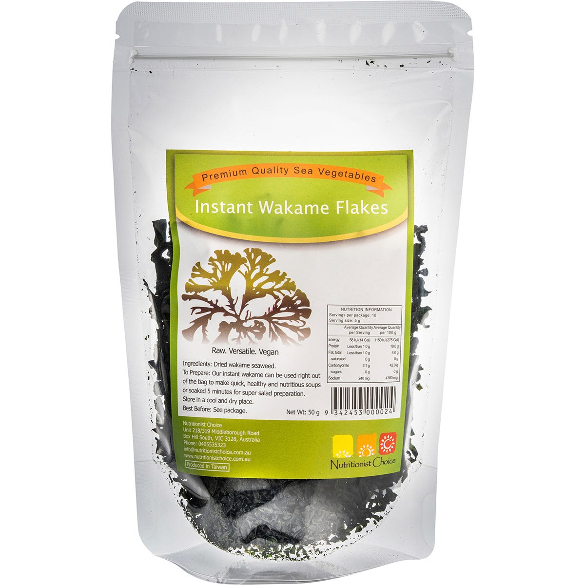 50g bag of Nutritionist Choice Sea Vegetables Wakame Flakes featuring dark green dried seaweed on a white background.