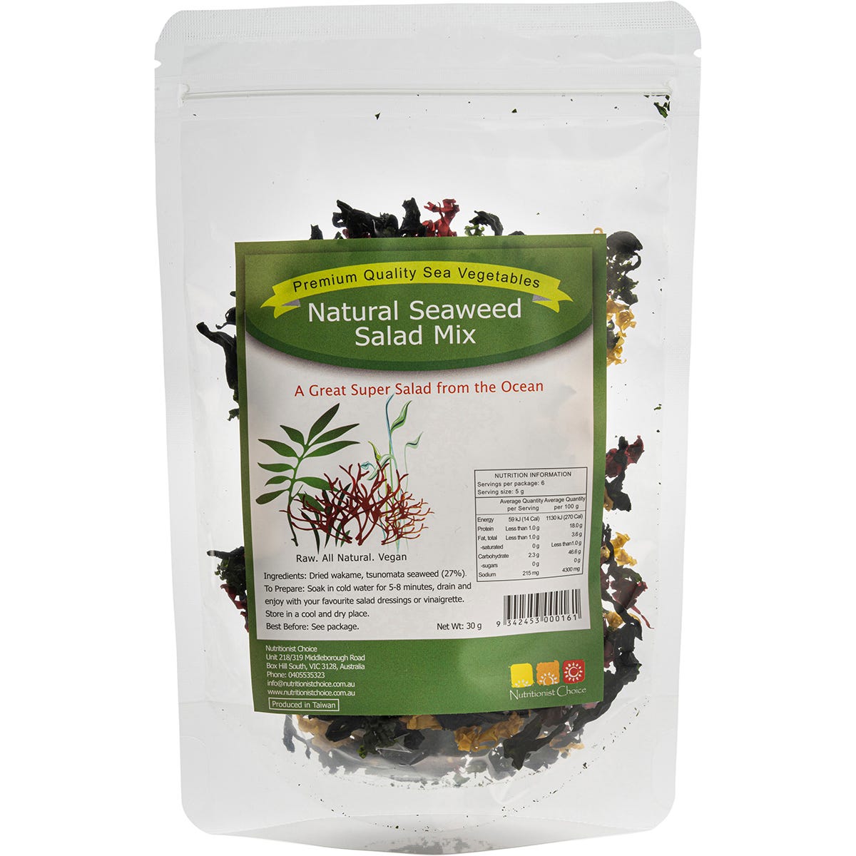 30g pack of Nutritionist Choice Seaweed Salad Mix featuring dried wakame and tsunomata sea vegetables.