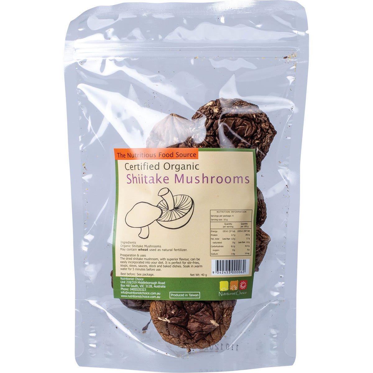 40g bag of Nutritionist Choice Organic Shiitake Mushrooms showing dried whole mushrooms through a clear window.