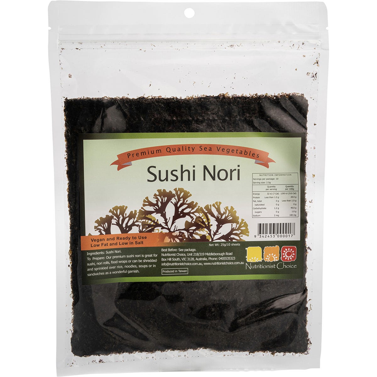 Nutritionist Choice Sushi Nori 25g bag with 10 seaweed sheets, ideal for sushi rolls and soups.