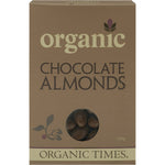150g bag of Organic Times Milk Chocolate Almonds, featuring whole-roasted Australian almonds in milk couverture chocolate.