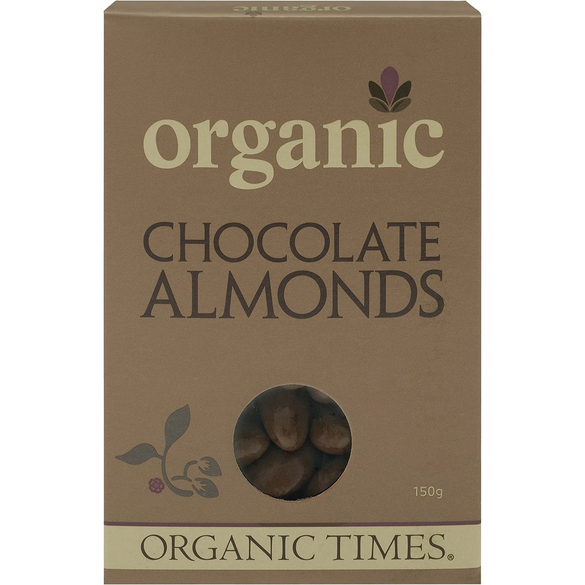 150g bag of Organic Times Milk Chocolate Almonds, featuring whole-roasted Australian almonds in milk couverture chocolate.
