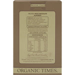 Back of an Organic Times 150g Milk Chocolate Almonds bag showing nutrition facts and ingredients.