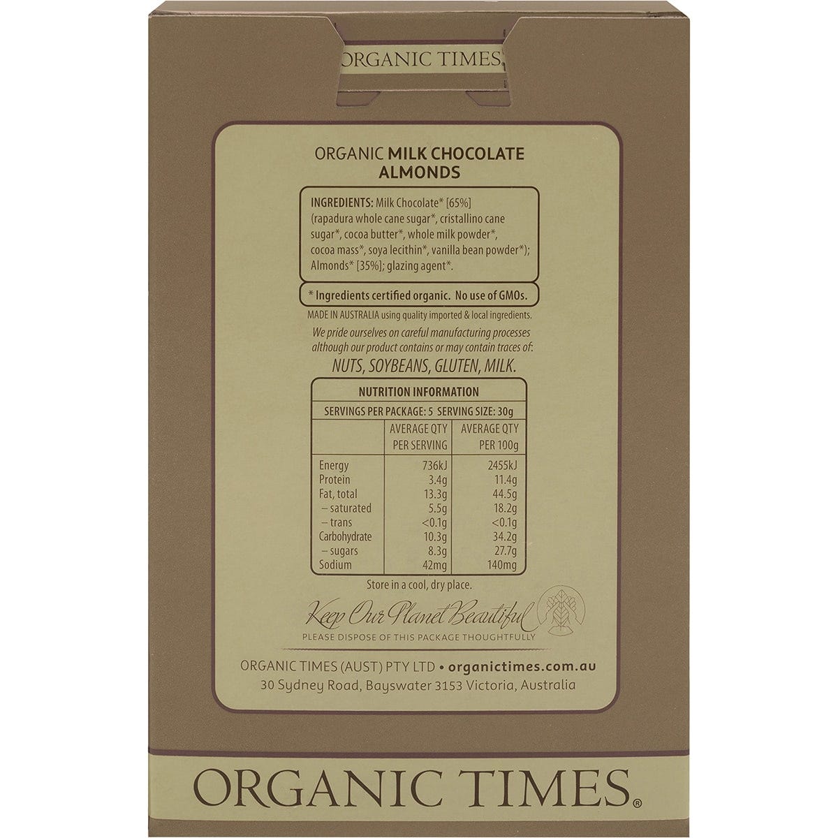 Back of an Organic Times 150g Milk Chocolate Almonds bag showing nutrition facts and ingredients.