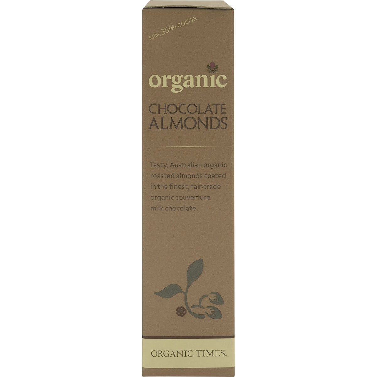 Side view of Organic Times Milk Chocolate Almonds 150g bag highlighting organic certification and ethical sourcing.