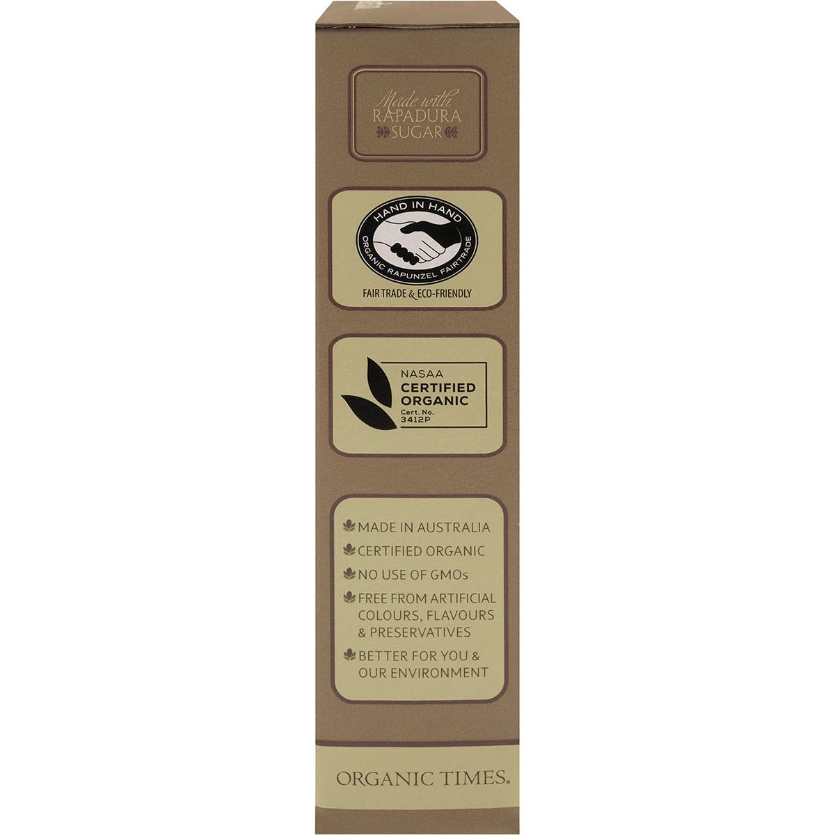 Right side of an Organic Times 150g Milk Chocolate Almonds bag showing a barcode and organic certification logo.