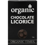 Organic Times 150g bag of organic milk chocolate coated licorice pieces on a white background.