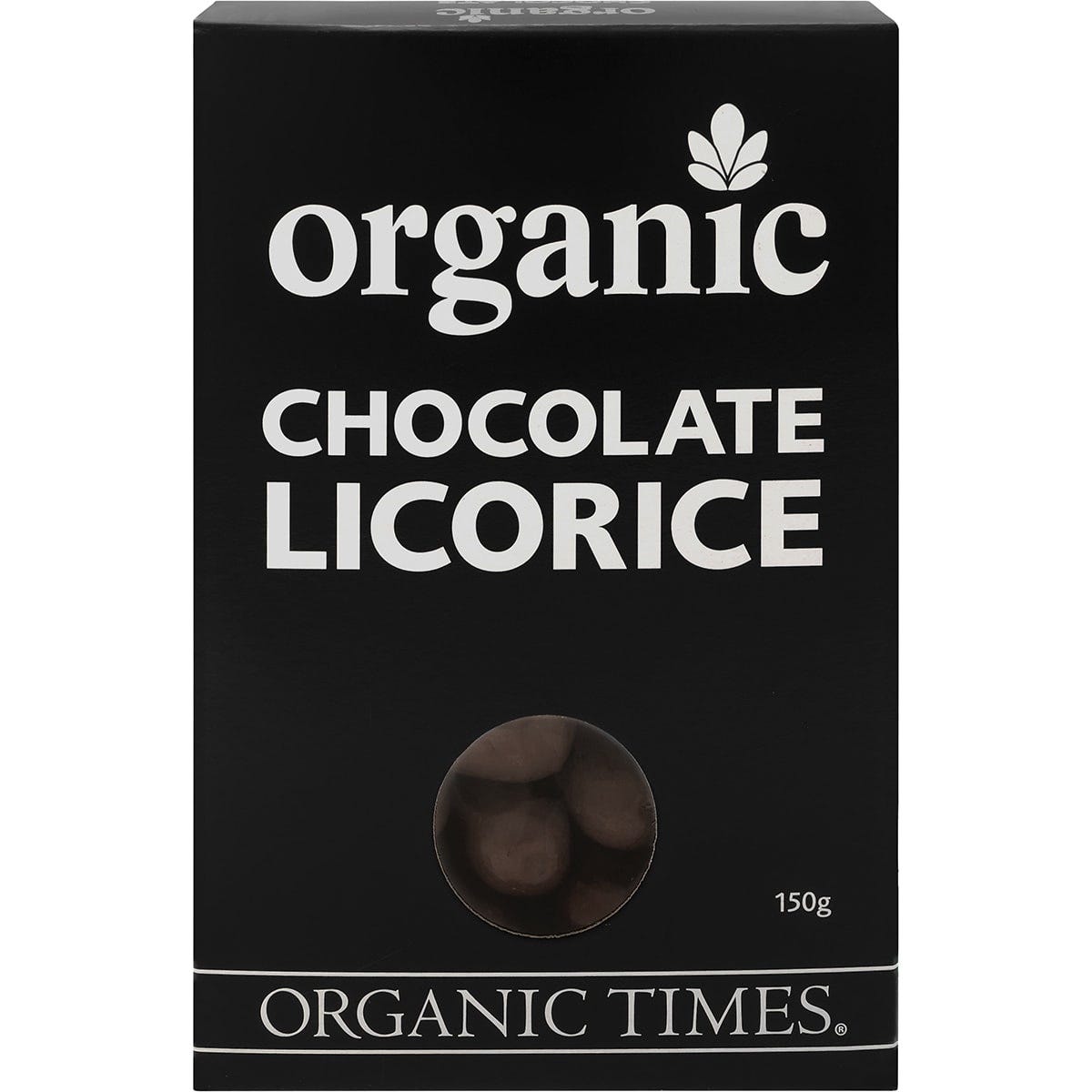 Organic Times 150g bag of organic milk chocolate coated licorice pieces on a white background.