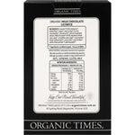 Back of Organic Times 150g Milk Chocolate Licorice bag showing ingredients and nutrition information.