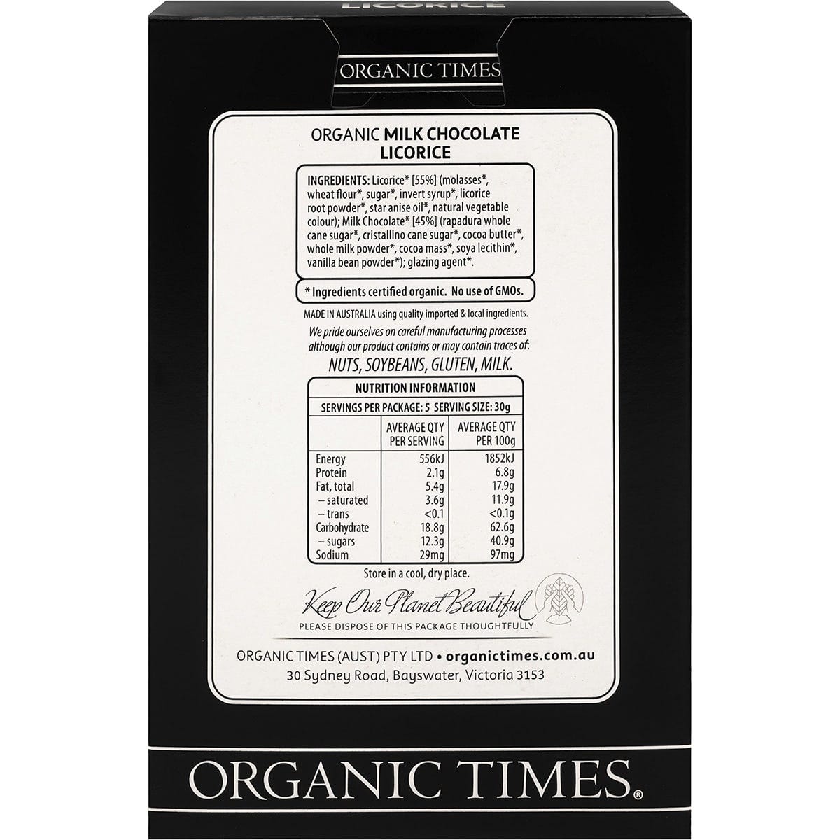 Back of Organic Times 150g Milk Chocolate Licorice bag showing ingredients and nutrition information.