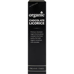 Side view of an Organic Times Milk Chocolate Licorice 150g bag showing key benefits and certified organic logos.