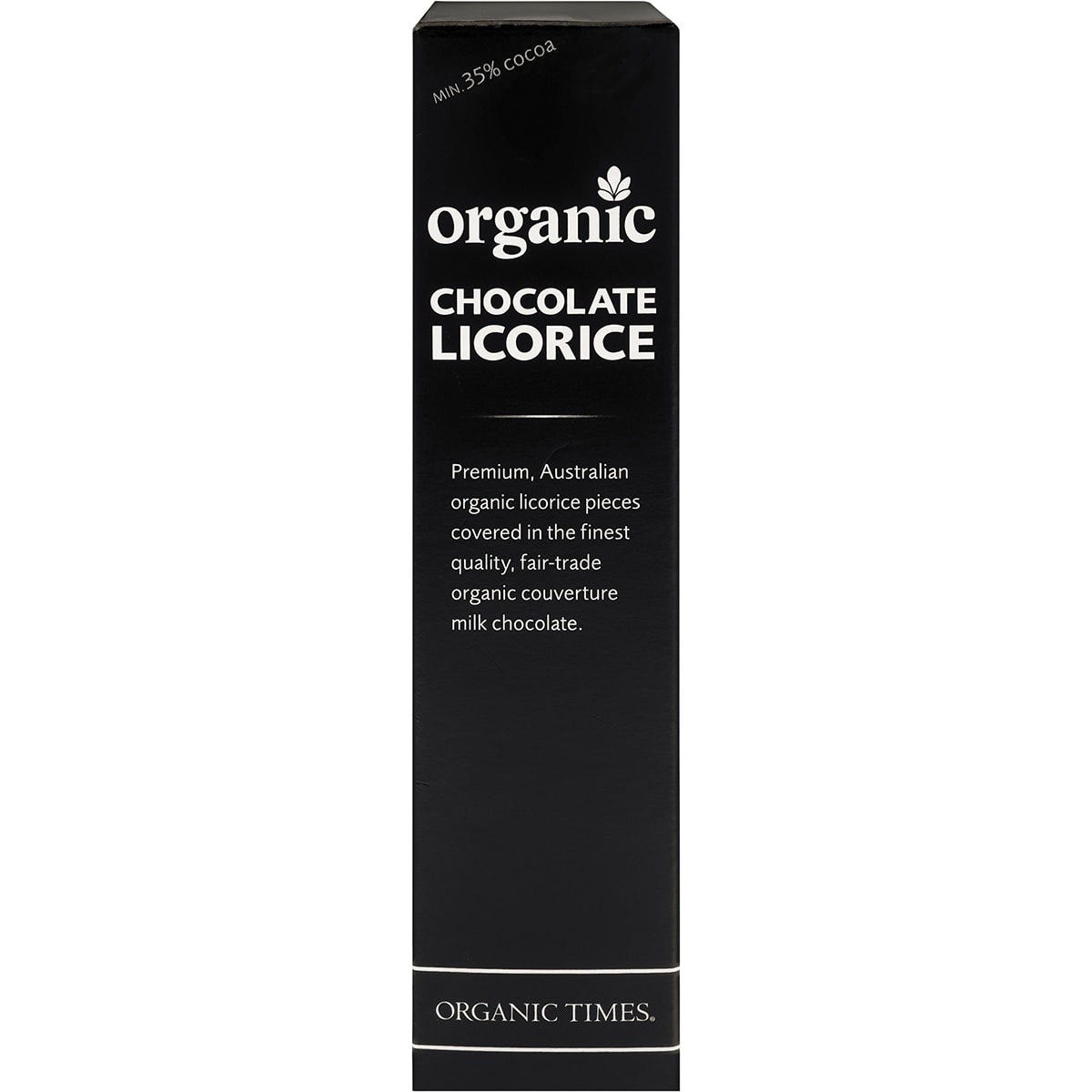 Side view of an Organic Times Milk Chocolate Licorice 150g bag showing key benefits and certified organic logos.