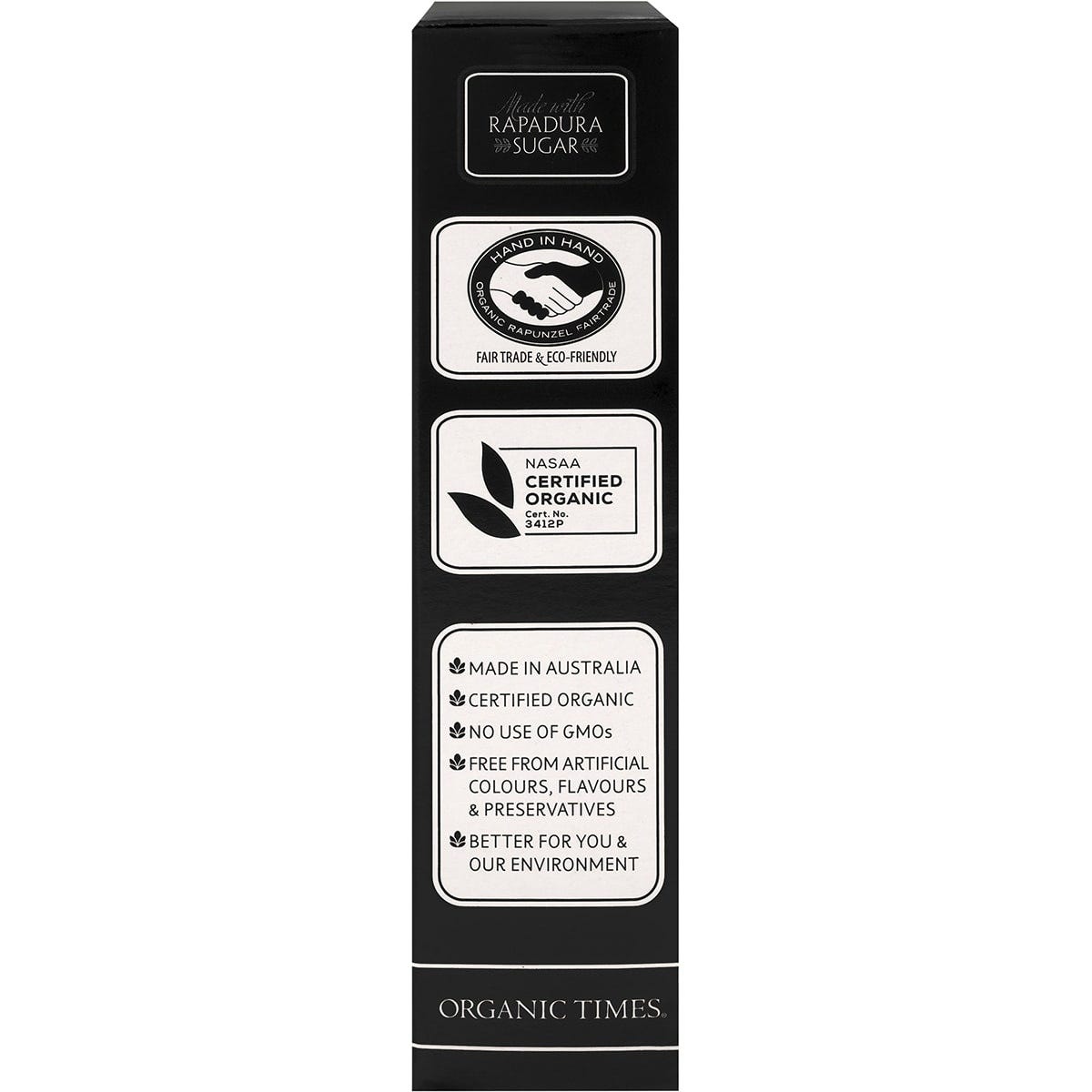 Right side of an Organic Times Milk Chocolate Licorice 150g bag showing organic certifications and product weight.