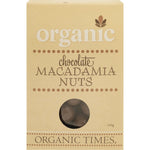 Organic Times 150g box of milk chocolate coated macadamia nuts featuring a picture of the chocolate treats.