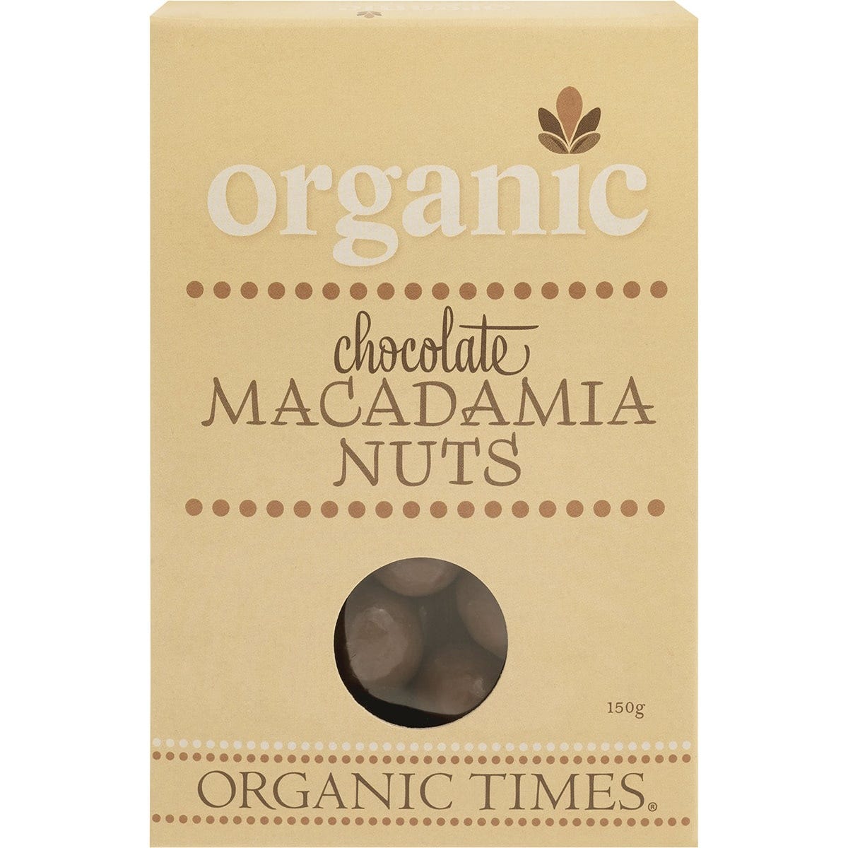 Organic Times 150g box of milk chocolate coated macadamia nuts featuring a picture of the chocolate treats.