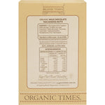 Back of Organic Times Milk Chocolate Macadamia Nuts 150g box with ingredients, nutritional facts, and organic certification.