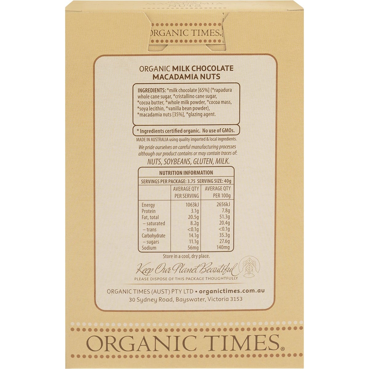 Back of Organic Times Milk Chocolate Macadamia Nuts 150g box with ingredients, nutritional facts, and organic certification.