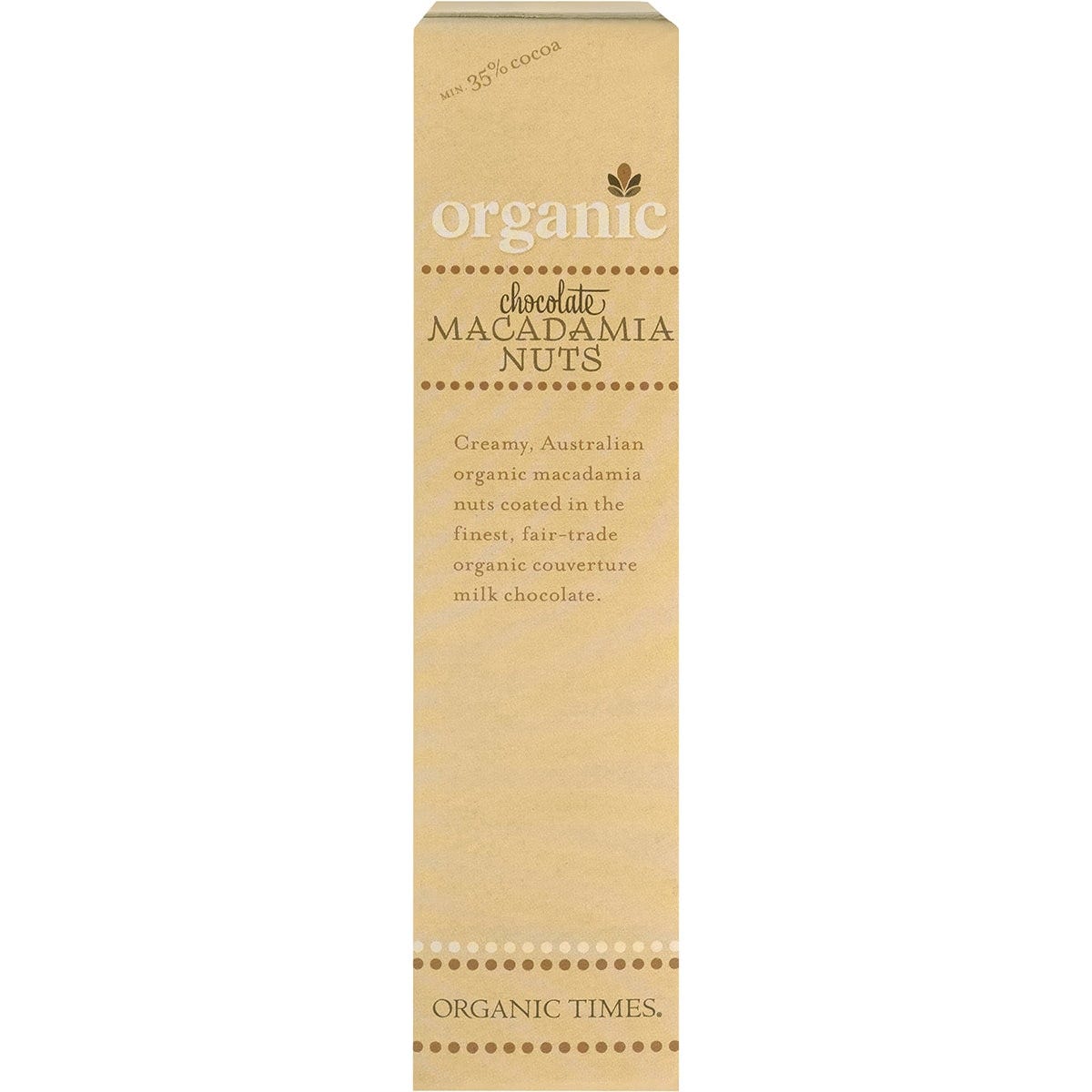 Side view of Organic Times Milk Chocolate Macadamia Nuts 150g box highlighting organic and fair-trade features.