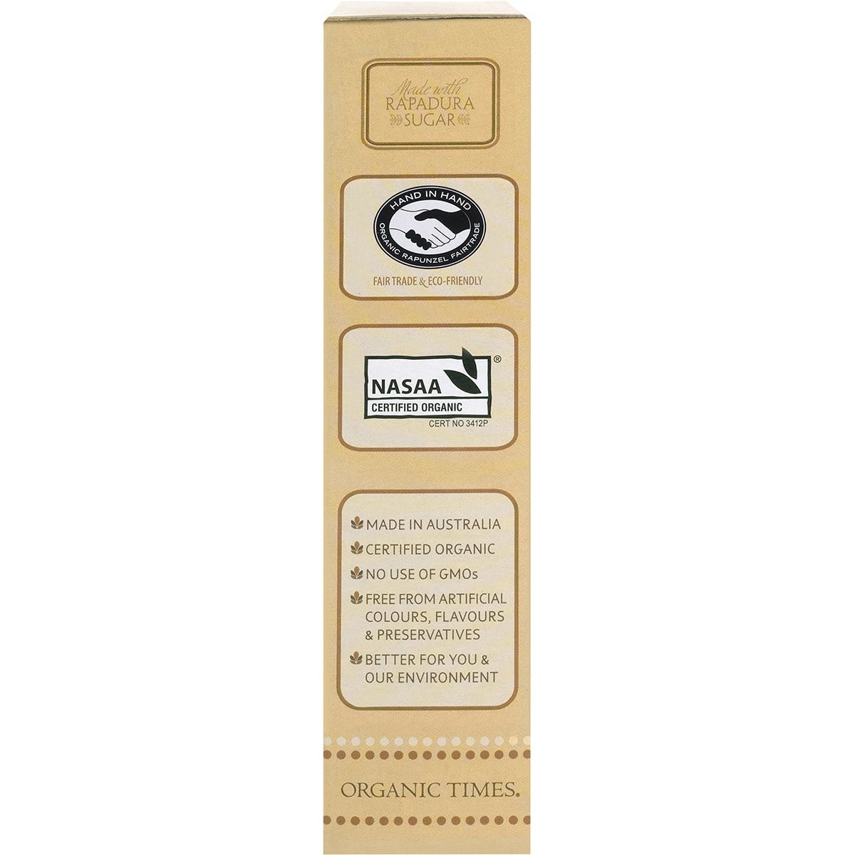 Right side of Organic Times Milk Chocolate Macadamia Nuts 150g box showing brand logo and product name.