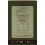 Back of Organic Times Milk Chocolate Coffee Beans 150g bag showing ingredients and nutritional information.