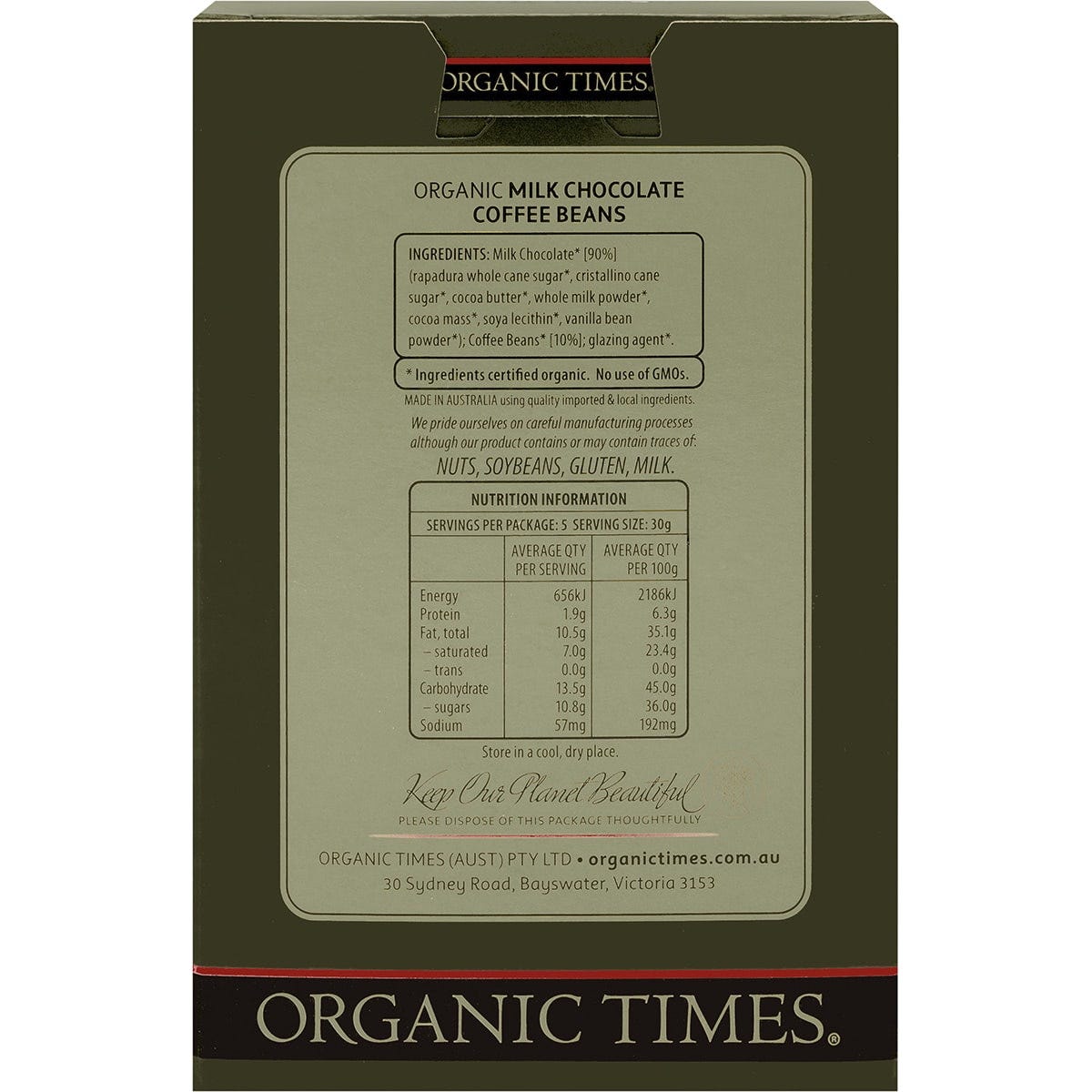Back of Organic Times Milk Chocolate Coffee Beans 150g bag showing ingredients and nutritional information.