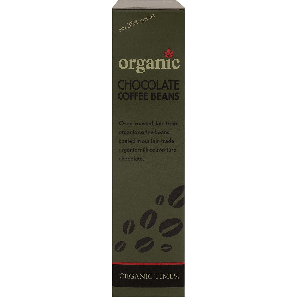 Side view of an Organic Times Milk Chocolate Coffee Beans 150g bag showing organic certification and product features.