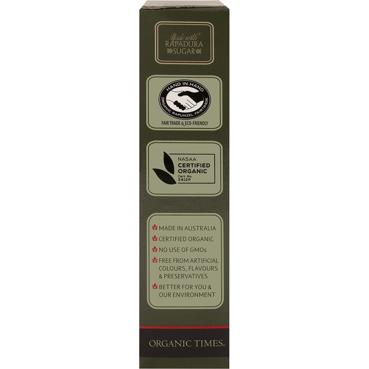 Right side of Organic Times Milk Chocolate Coffee Beans 150g bag with a barcode and Australian-made logo.