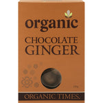 Organic Times Milk Chocolate Ginger 150g box featuring organic crystallised ginger coated in milk chocolate.