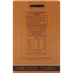 Back of Organic Times Milk Chocolate Ginger 150g box showing nutrition facts, ingredients, and organic certification.