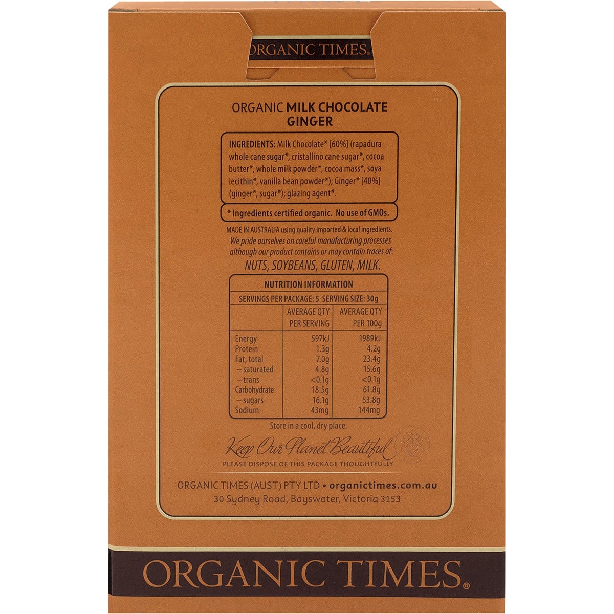 Back of Organic Times Milk Chocolate Ginger 150g box showing nutrition facts, ingredients, and organic certification.