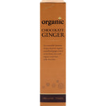 Left side of Organic Times Milk Chocolate Ginger 150g box highlighting organic and fair-trade certifications.