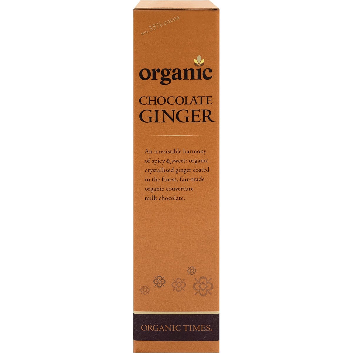 Left side of Organic Times Milk Chocolate Ginger 150g box highlighting organic and fair-trade certifications.