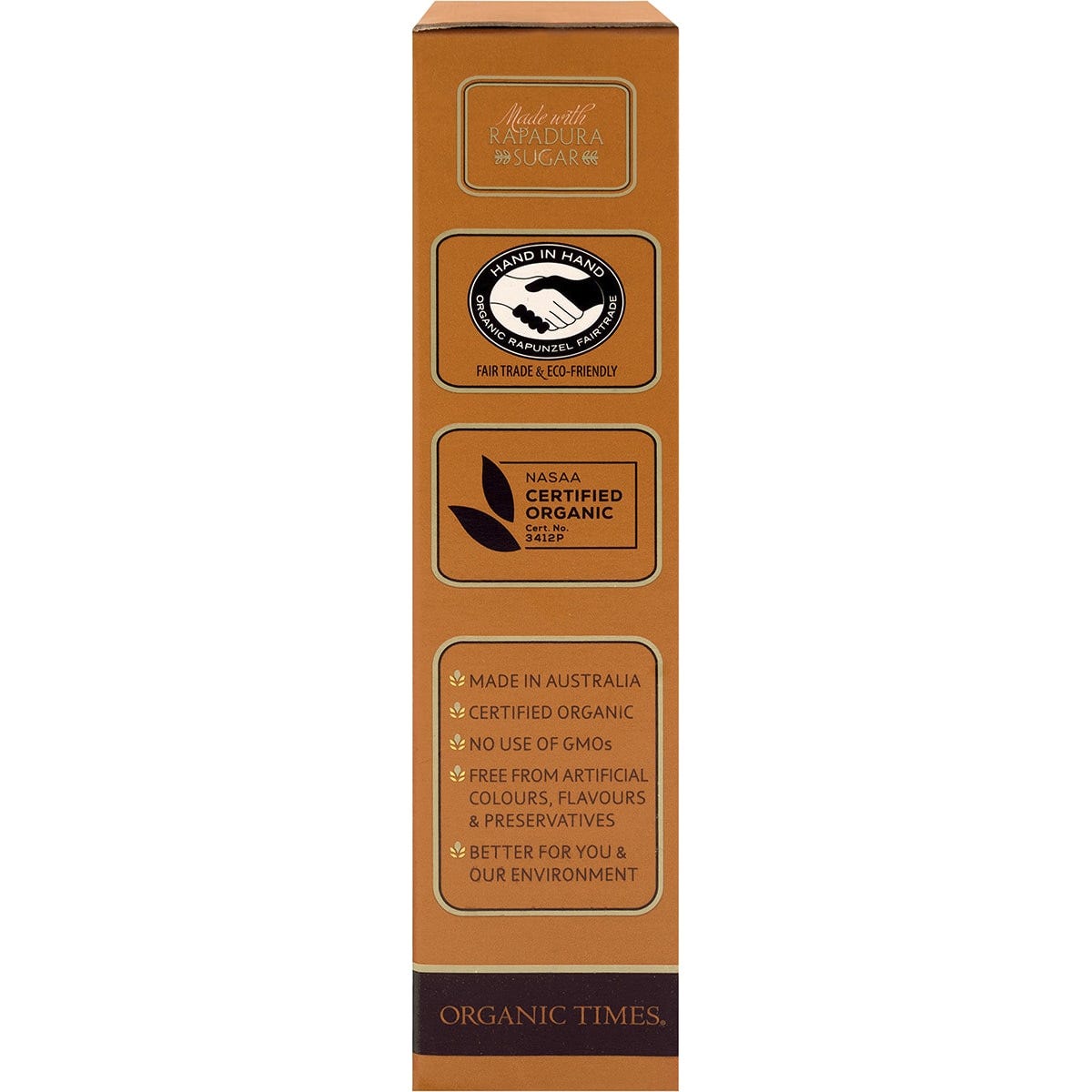 Right side of Organic Times Milk Chocolate Ginger 150g box showing product dimensions and barcode.