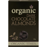 150g box of Organic Times Dark Chocolate Almonds featuring Australian-grown organic nuts coated in dark couverture chocolate.