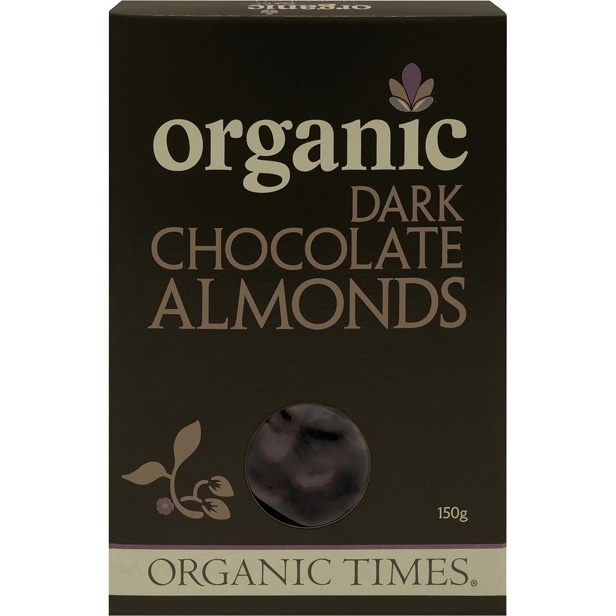 150g box of Organic Times Dark Chocolate Almonds featuring Australian-grown organic nuts coated in dark couverture chocolate.