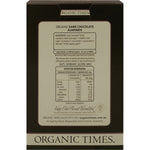The back of an Organic Times Dark Chocolate Almonds 150g box, showing nutritional facts and organic ingredients.