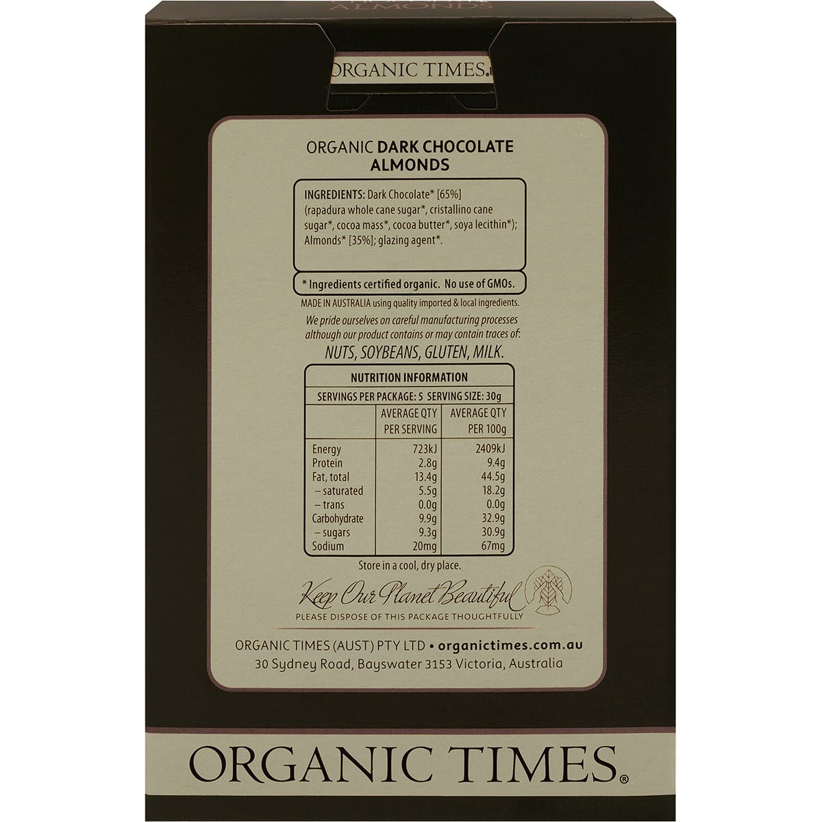 The back of an Organic Times Dark Chocolate Almonds 150g box, showing nutritional facts and organic ingredients.