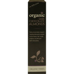 Side view of an Organic Times Dark Chocolate Almonds 150g box showing product benefits and organic certification.