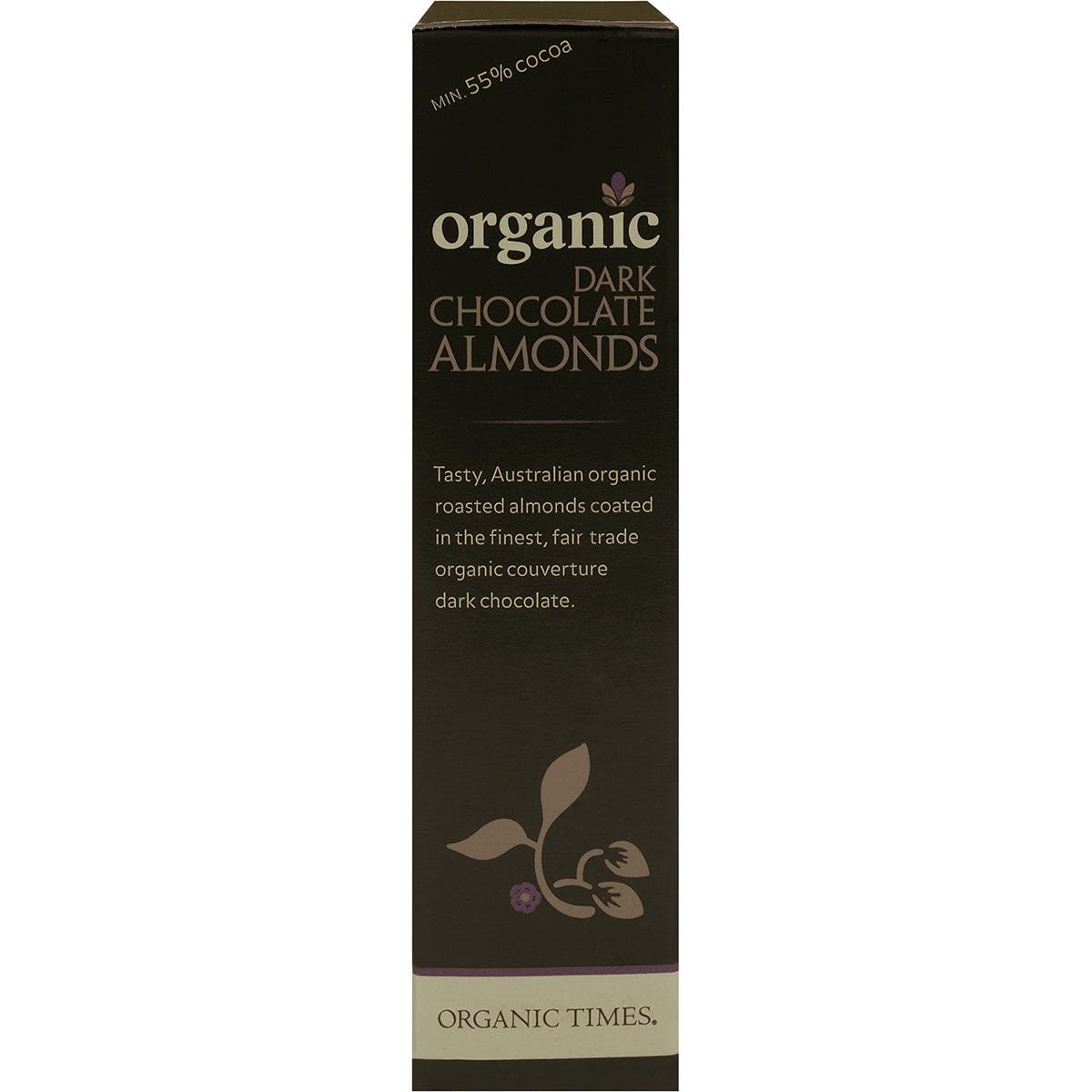 Side view of an Organic Times Dark Chocolate Almonds 150g box showing product benefits and organic certification.