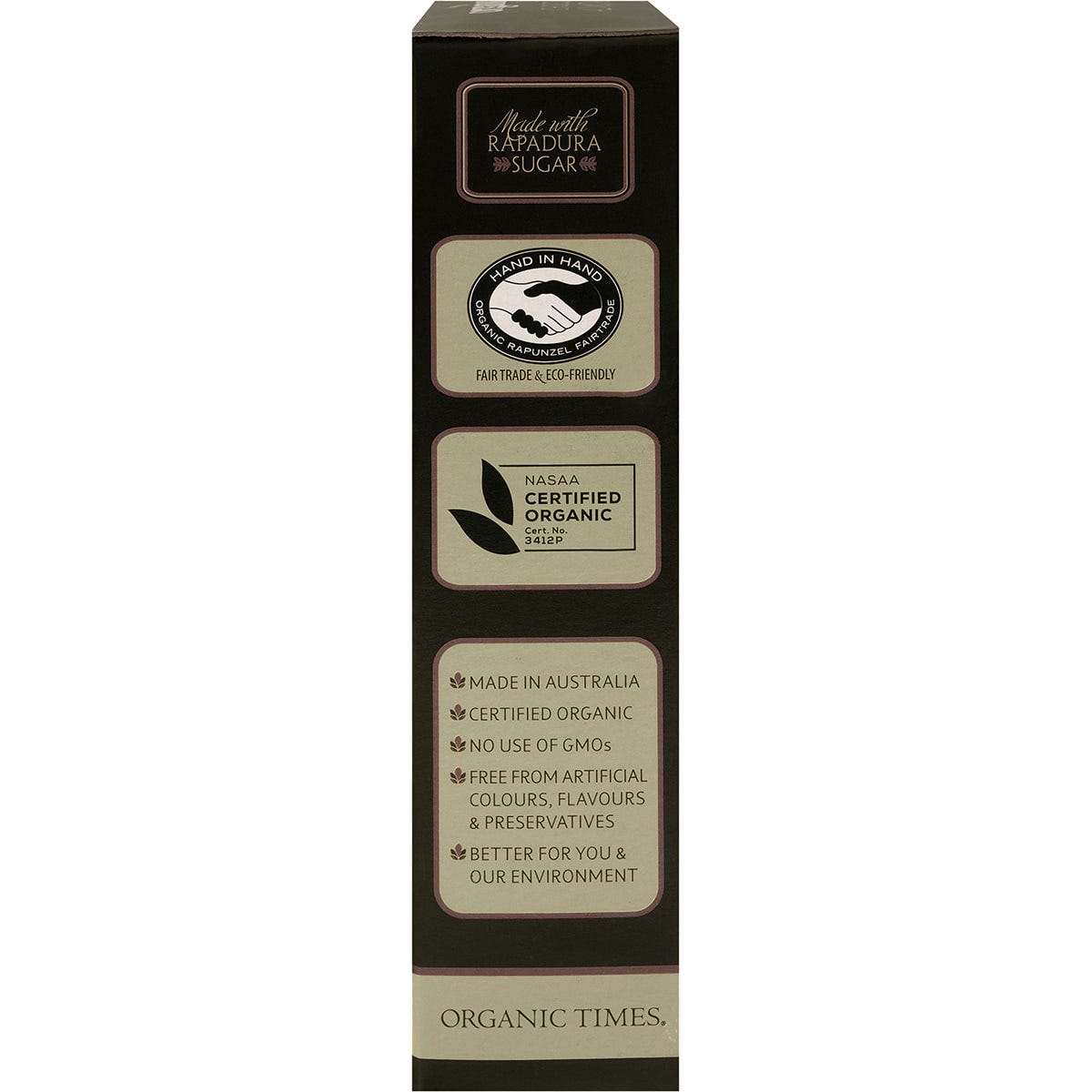 Right side of an Organic Times Dark Chocolate Almonds box showing product features and Australian-made logo.