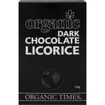 150g box of Organic Times Dark Chocolate Licorice, featuring organic licorice pieces coated in dark chocolate.